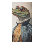 Green crocodile in blue brocade Renaissance coat with white ruffled collar and orange round sunglasses, Stylish Renaissance Crocodile Bath Towel front art