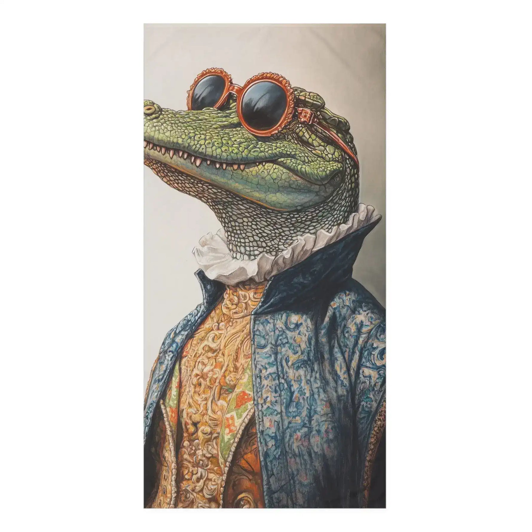 Green crocodile in blue brocade Renaissance coat with white ruffled collar and orange round sunglasses, Stylish Renaissance Crocodile Bath Towel front art
