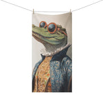 Stylish Renaissance Crocodile Bath Towel on clothesline, full green crocodile portrait in blue brocade Renaissance coat with orange sunglasses
