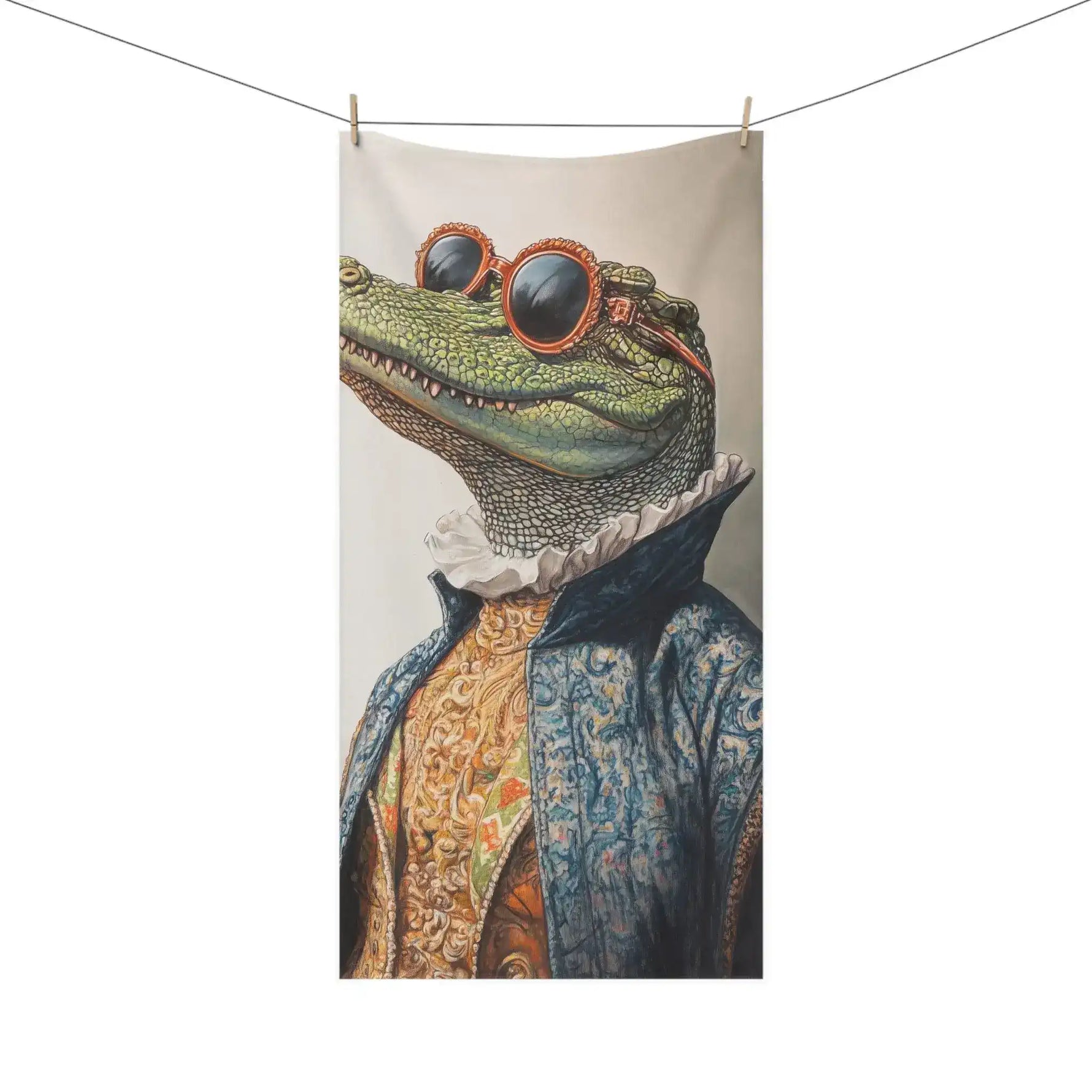 Stylish Renaissance Crocodile Bath Towel on clothesline, full green crocodile portrait in blue brocade Renaissance coat with orange sunglasses
