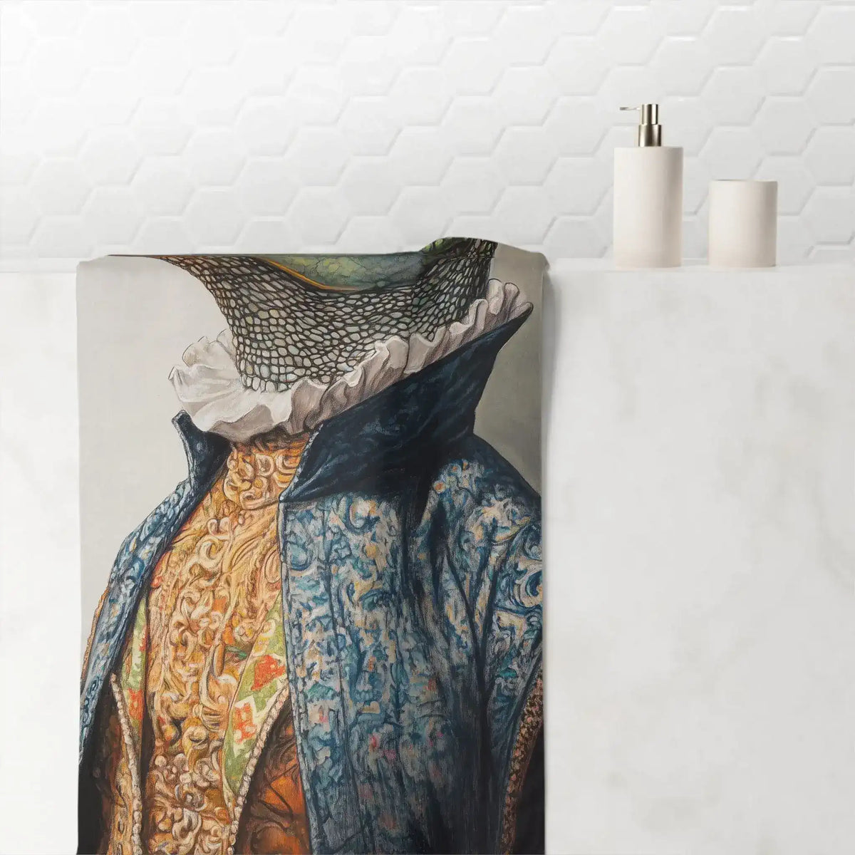 Stylish Renaissance Crocodile Bath Towel draped in bathroom showing couture coat detail, soap dispensers on shelf