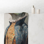Stylish Renaissance Crocodile Bath Towel draped in bathroom showing couture coat detail, soap dispensers on shelf