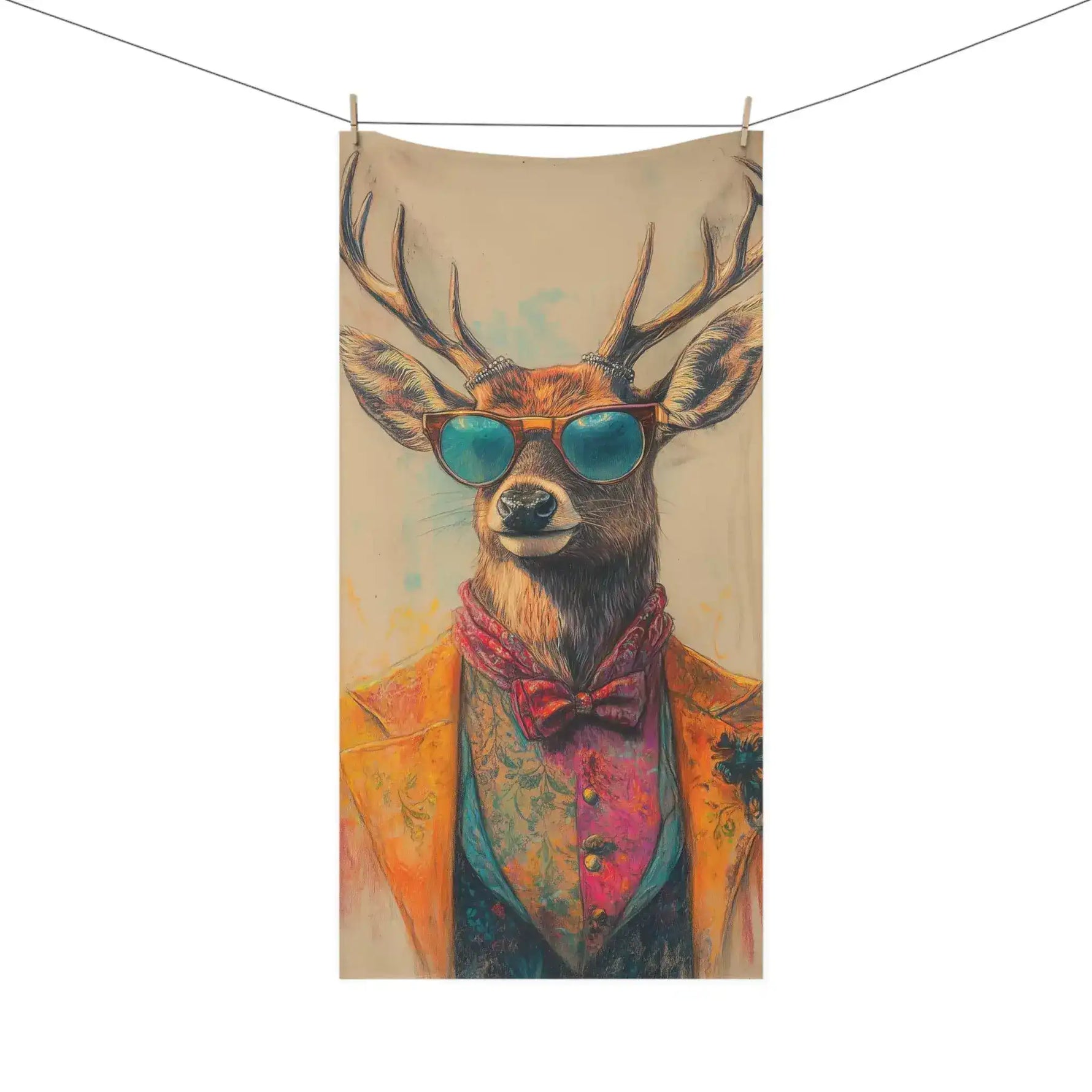 Renaissance Deer in Couture with Sunglasses Bath Towel corner fold, dark botanical floral ground with orange blooms and grey stitched backing
