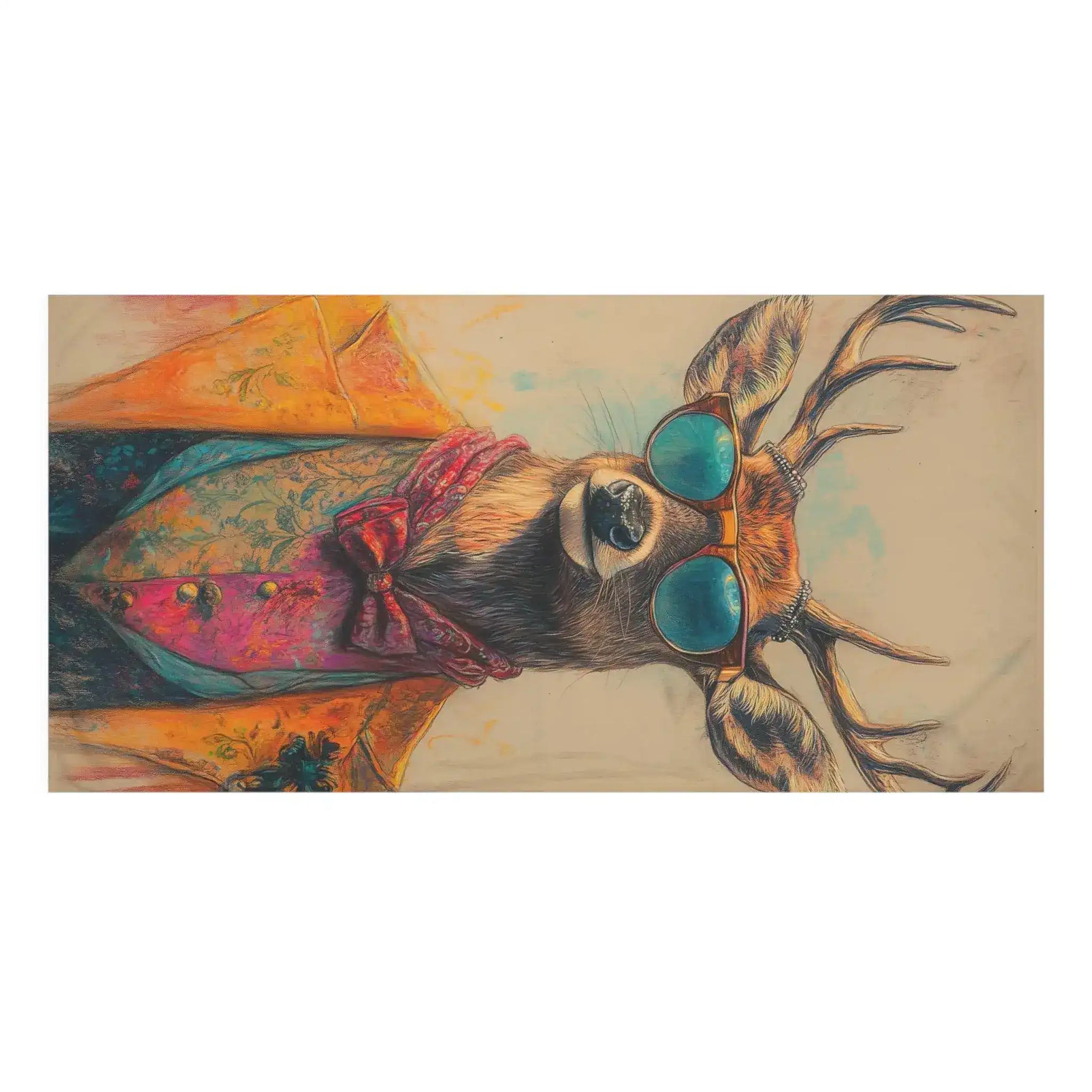 Renaissance Deer in Couture with Sunglasses Bath Towel close-up horizontal, deer face with antlers and teal round sunglasses in couture outfit