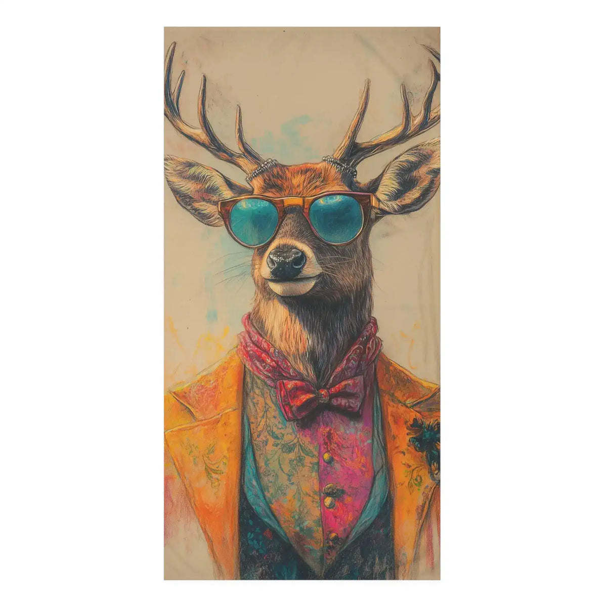 Renaissance Deer in Couture with Sunglasses Bath Towel flat lay, stag in orange floral jacket and teal round sunglasses with bowtie