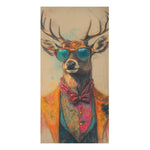 Renaissance Deer in Couture with Sunglasses Bath Towel flat lay, stag in orange floral jacket and teal round sunglasses with bowtie