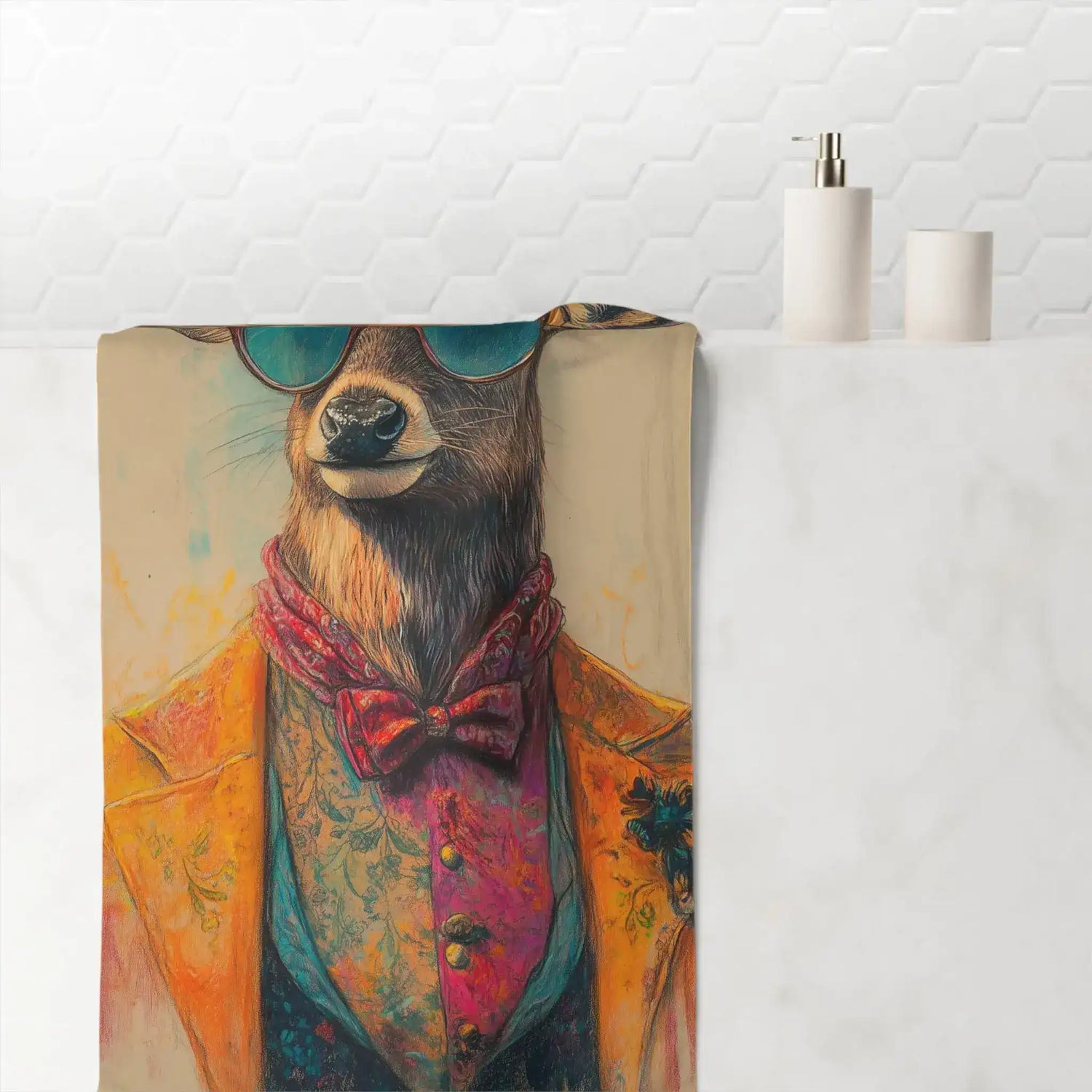 Renaissance Deer in Couture with Sunglasses Bath Towel hanging in bathroom, deer portrait in orange jacket red bowtie and teal sunglasses