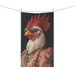 Plain white cotton kitchen towel with dark border and faint colorful art at edges — blank panel for Renaissance Rooster Couture Cotton Kitchen Towel