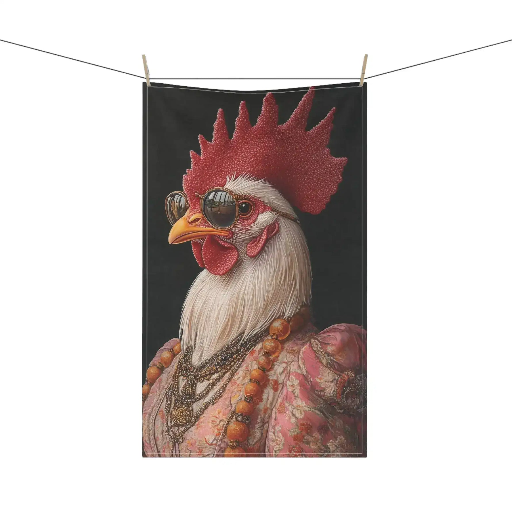 Plain white cotton kitchen towel with dark border and faint colorful art at edges — blank panel for Renaissance Rooster Couture Cotton Kitchen Towel