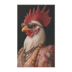White rooster with red comb wearing gold oval sunglasses and layered bead necklaces in pink floral gown — Renaissance Rooster Couture Cotton Kitchen Towel portrait