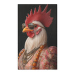 White rooster with red comb, round sunglasses, pink floral embroidered jacket and layered beaded necklaces on dark background, Renaissance Rooster Couture Rug front