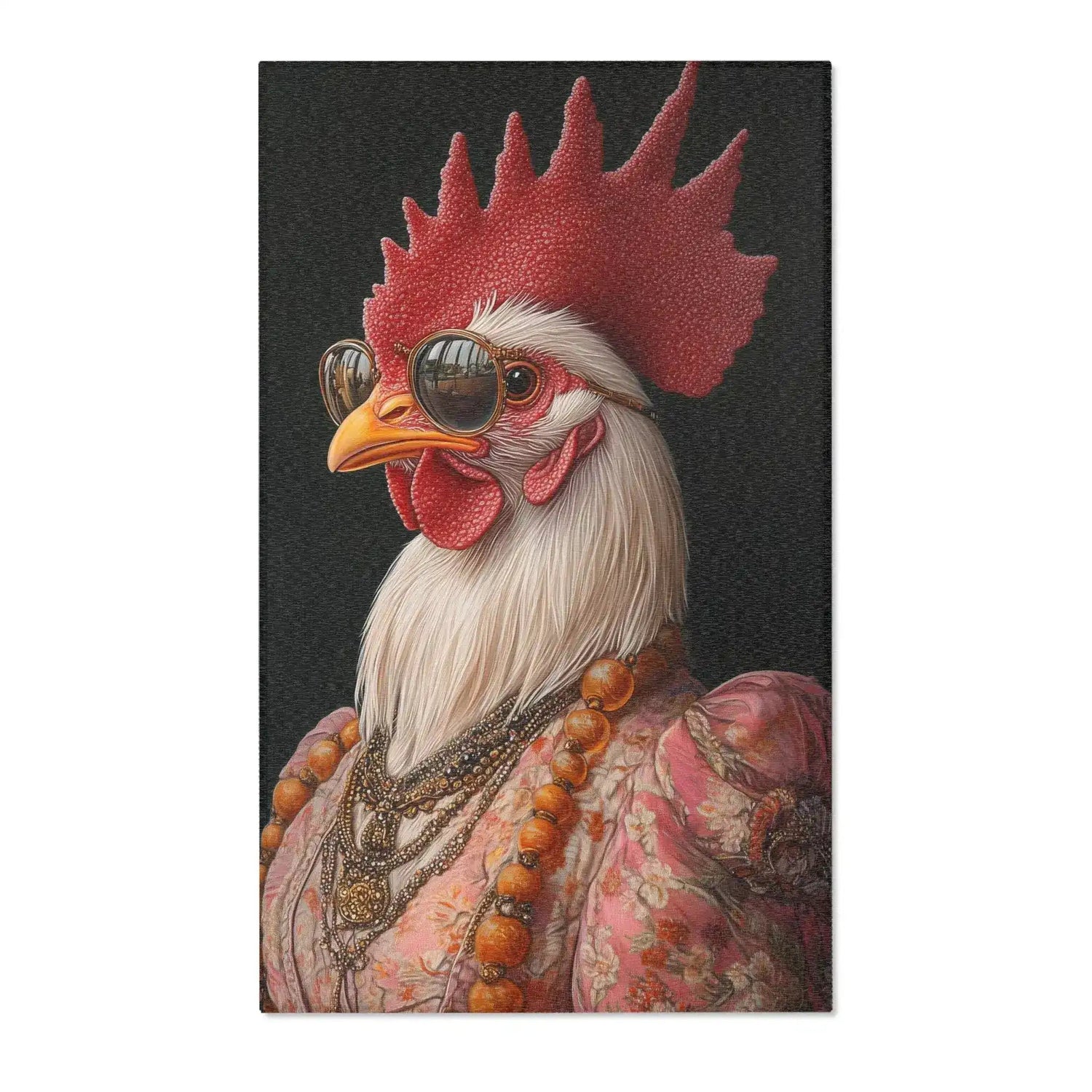White rooster with red comb, round sunglasses, pink floral embroidered jacket and layered beaded necklaces on dark background, Renaissance Rooster Couture Rug front