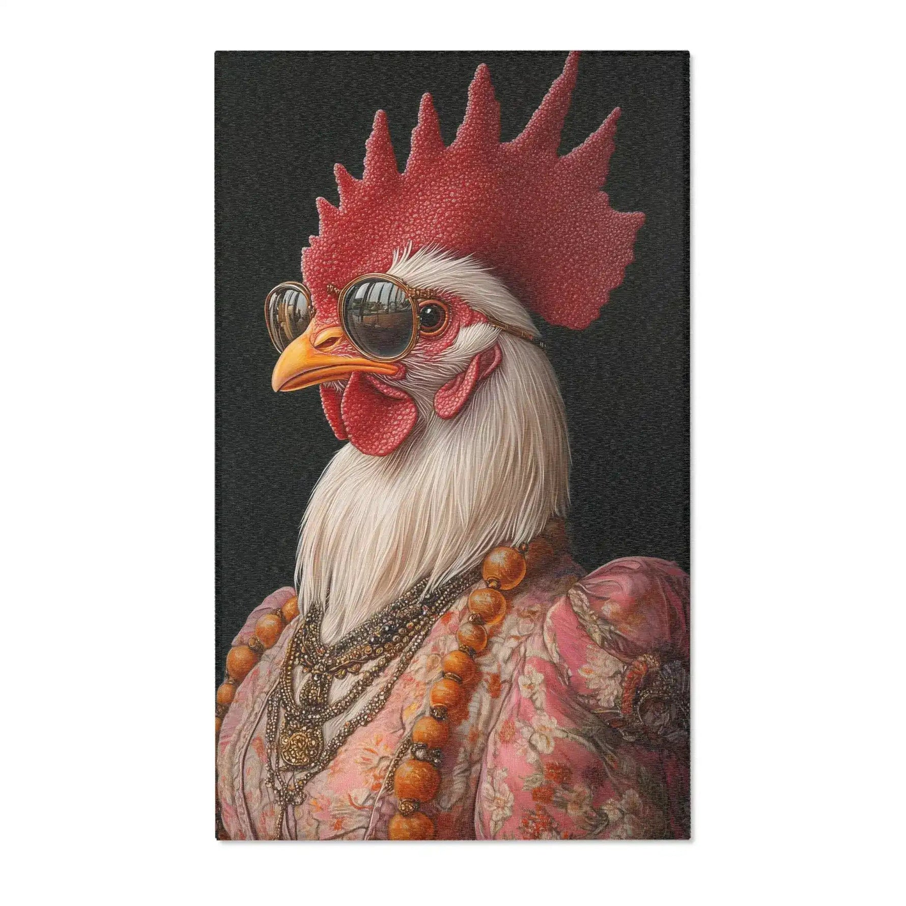White rooster with red comb, round sunglasses, pink floral embroidered jacket and layered beaded necklaces on dark background, Renaissance Rooster Couture Rug front