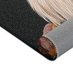 Flat white canvas surface with small metal corner fittings, plain backing view of Renaissance Rooster Couture Rug canvas back