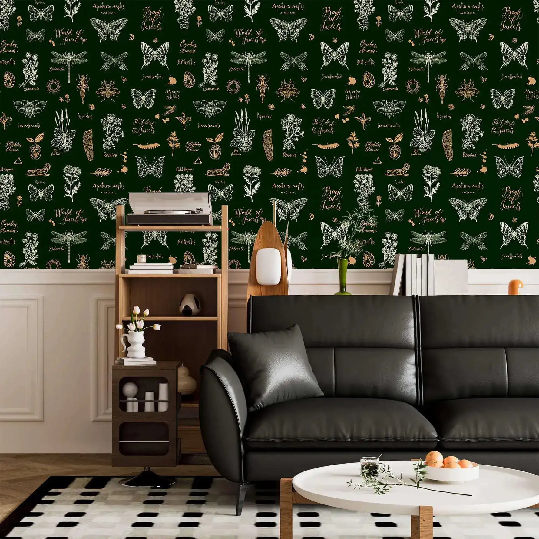 Retro botanical insect lattice wallpaper above white wainscot with black leather sofa and ladder shelf