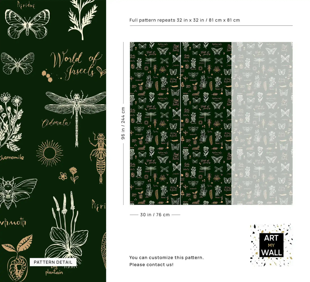 Retro botanical insect lattice wallpaper spec sheet with detailed dragonfly, butterflies and repeat sizing