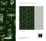 Retro botanical insect lattice wallpaper spec sheet with detailed dragonfly, butterflies and repeat sizing
