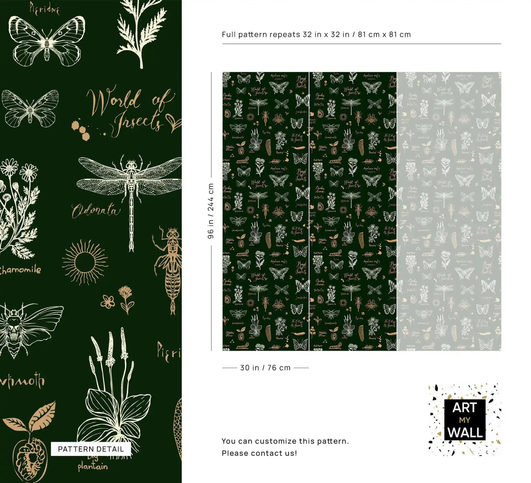 Retro botanical insect lattice wallpaper spec sheet with detailed dragonfly, butterflies and repeat sizing