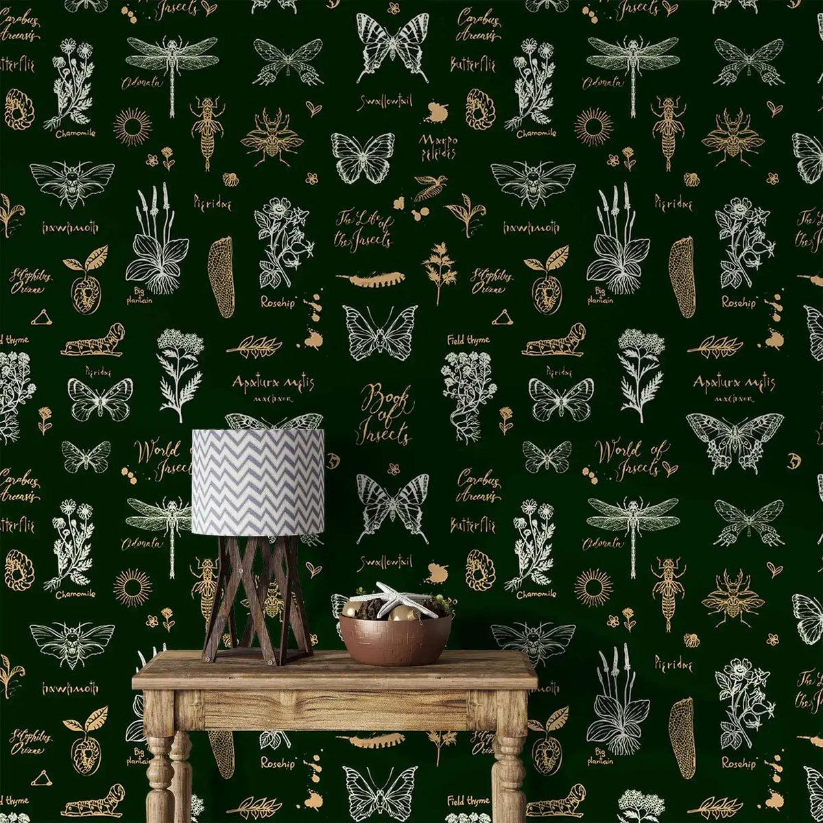 Retro botanical insect lattice wallpaper detail with labeled butterflies and herbs, rustic table and lamp