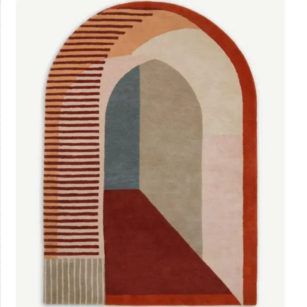 This elegant Retro Door Shape Geometry Hand Tufted New Zealand Wool Rug features an abstract design with warm earth tones and bold geometric shapes. Perfect for enhancing your living room or dining room, this 8x10 vintage rug adds a touch of sophistication and charm, making it an ideal choice for formal dining room settings.