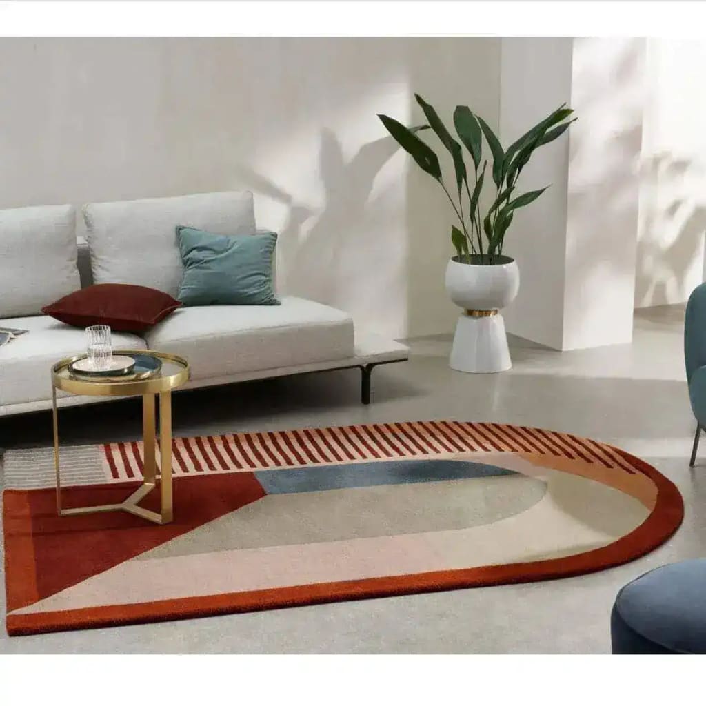 A stylish retro door shape geometry hand-tufted New Zealand wool area rug displayed in a modern living room. The rug features a vintage design with vibrant colors, making it a perfect choice for both dining room and living room settings. Ideal for formal dining room rugs, this 8x10 wool rug adds a touch of elegance and warmth to any space.