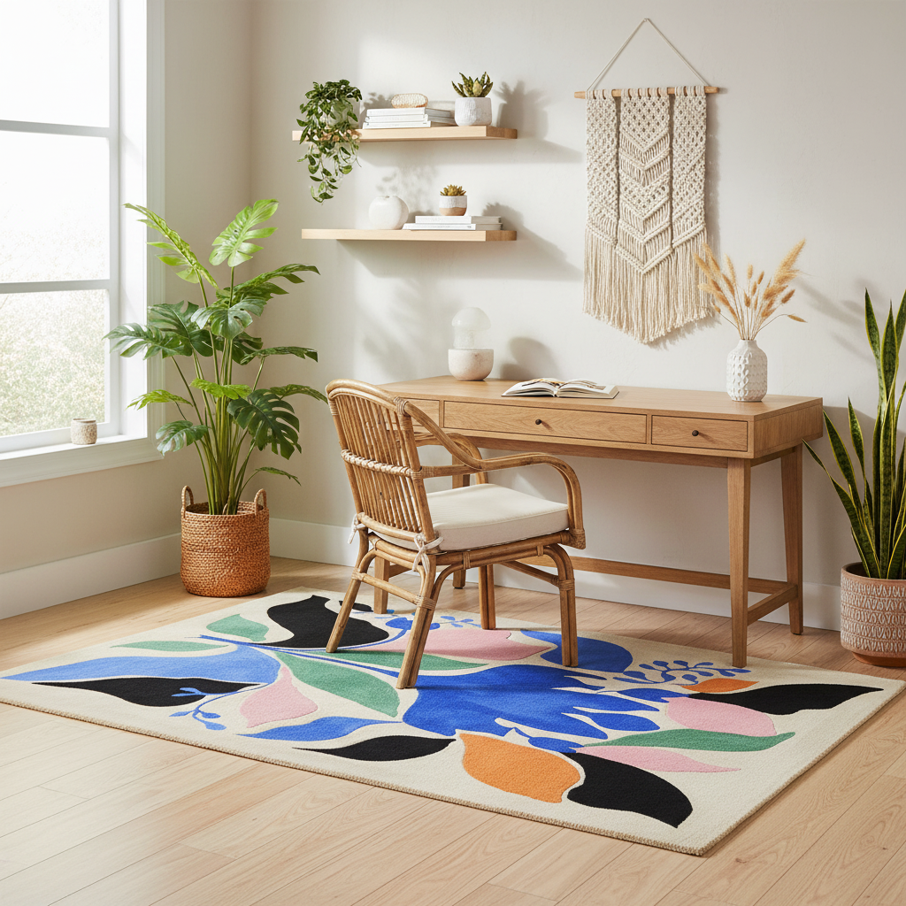 Home office with a wooden desk, chair, and colorful rug on a light wood floor.
