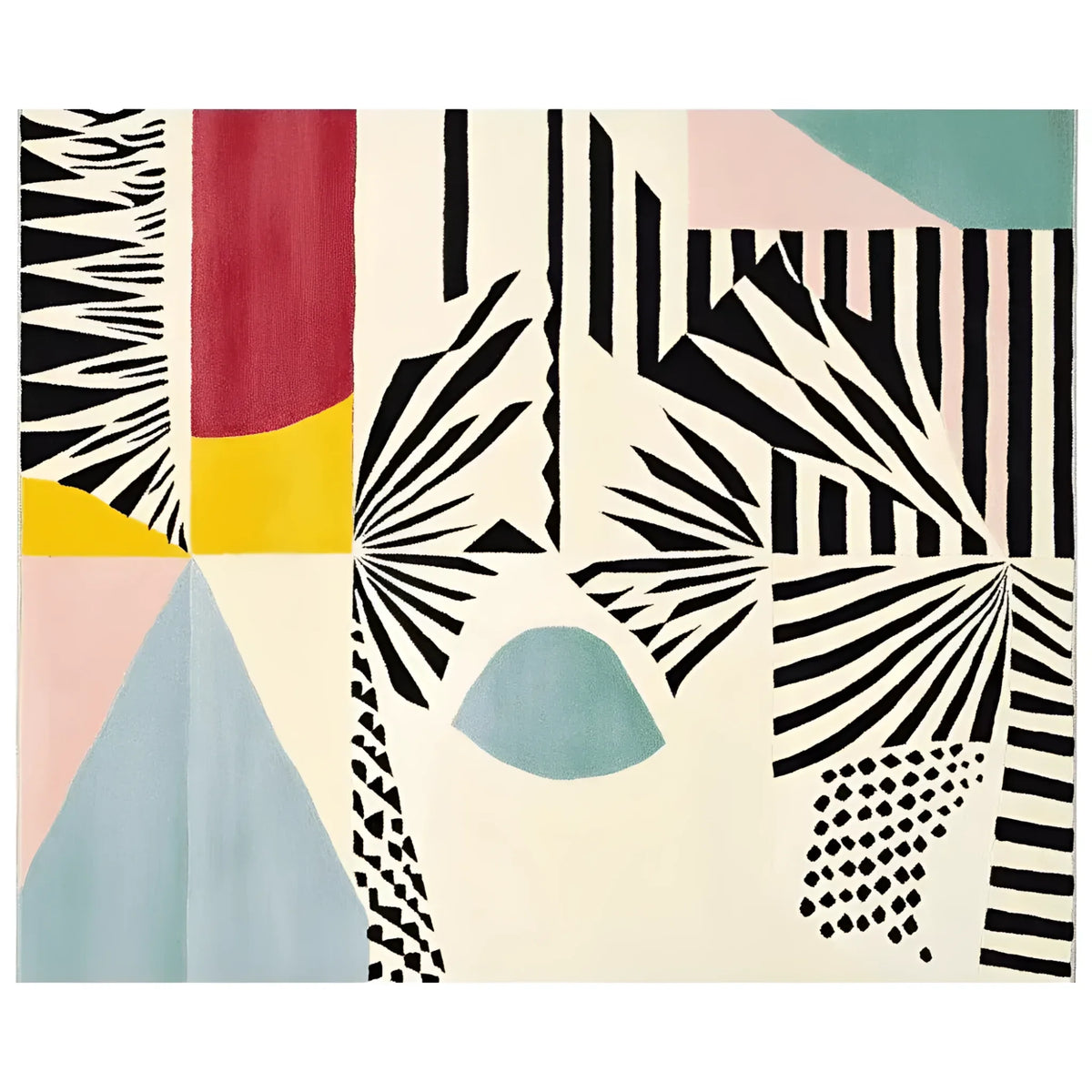 This vibrant area rug showcases a retro glitch-inspired design with bold patterns in black, white, red, yellow, and pastel shades, perfect as a contemporary rug for your living room. Crafted from high-quality wool, this living room area rug in an 8x10 size adds a unique artistic flair to any space.