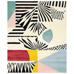 This vibrant and contemporary area rug features an abstract design with bold black and white patterns, complemented by pastel blocks of teal and pink, and a striking red and yellow section. Perfect as a wool rug for living room area rugs, this hand-tufted piece measures 8x10, adding a modern touch to any space.