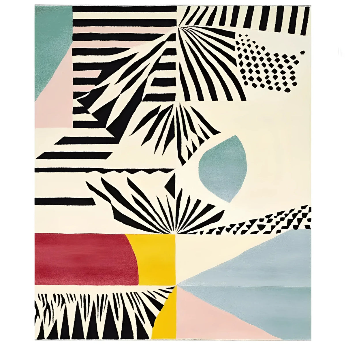 This vibrant and contemporary area rug features an abstract design with bold black and white patterns, complemented by pastel blocks of teal and pink, and a striking red and yellow section. Perfect as a wool rug for living room area rugs, this hand-tufted piece measures 8x10, adding a modern touch to any space.