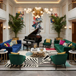 Luxurious living room with a grand piano, colorful artwork, and decorative furniture.