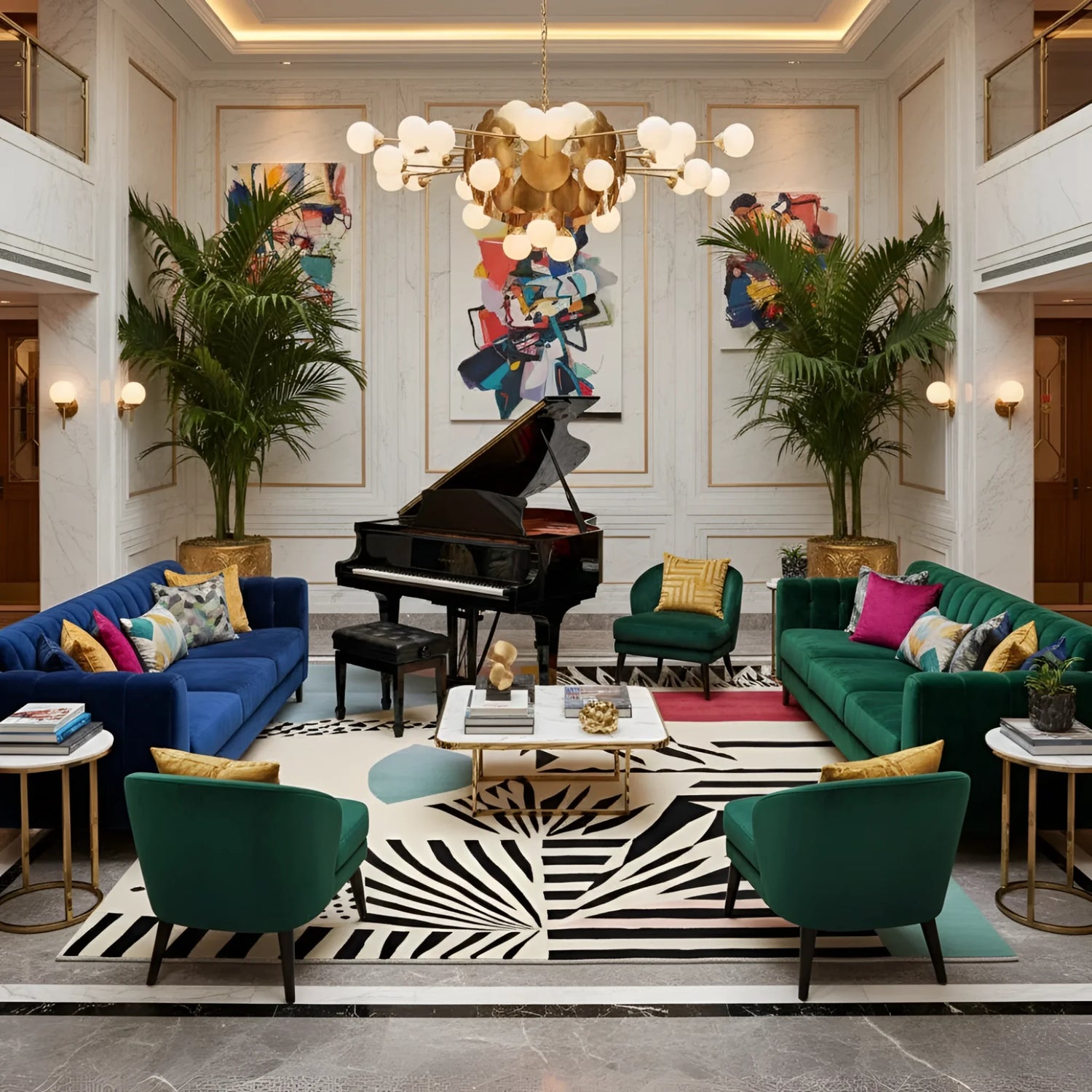 Luxurious living room with a grand piano, colorful artwork, and decorative furniture.
