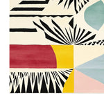 A vibrant Retro Glitch Hand Tufted Area Rug showcasing an abstract design with bold black and white patterns, complemented by red, yellow, and pastel blue sections. This contemporary wool rug is perfect for adding a pop of color to any living room. Ideal for those seeking stylish living room area rugs, especially in 8x10 sizes.