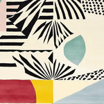 This vibrant area rug showcases an abstract design with bold black and white patterns, complemented by colorful geometric shapes in red, yellow, and blue. Perfect as a contemporary wool rug for modern living room spaces, especially in the popular 8x10 size.
