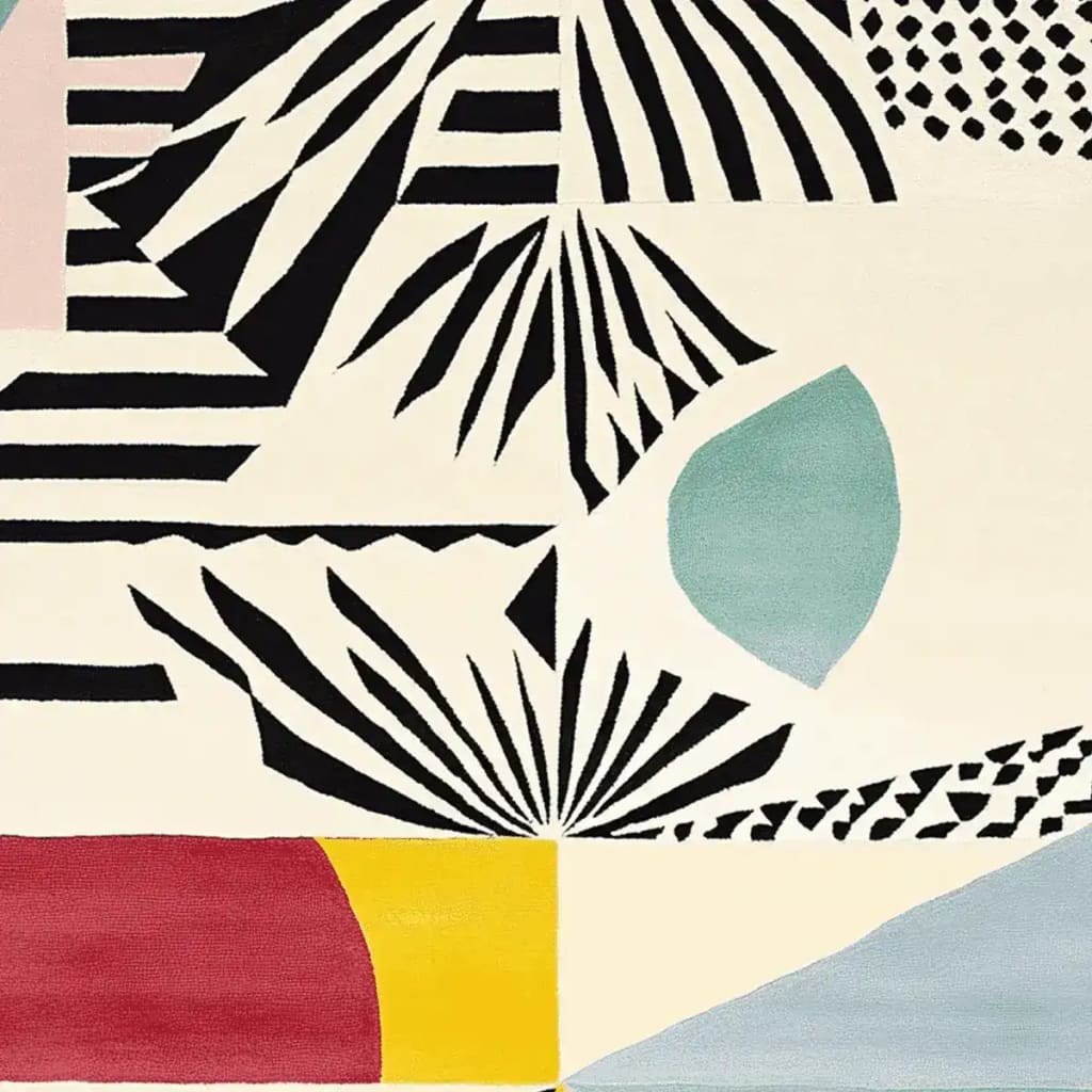 This vibrant area rug showcases an abstract design with bold black and white patterns, complemented by colorful geometric shapes in red, yellow, and blue. Perfect as a contemporary wool rug for modern living room spaces, especially in the popular 8x10 size.