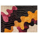 Stylish Retro Graphic Whirl Hand Tufted Area Rug featuring a vibrant abstract design in shades of burgundy, mustard, and beige. This contemporary wool rug is perfect for large living room spaces, adding a modern touch to any decor.