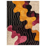 A vibrant Retro Graphic Whirl Hand Tufted Area Rug featuring a colorful abstract design with flowing lines in shades of orange, pink, and cream against a dark background. This contemporary wool rug is perfect as a large living room centerpiece, adding a modern touch to any space.