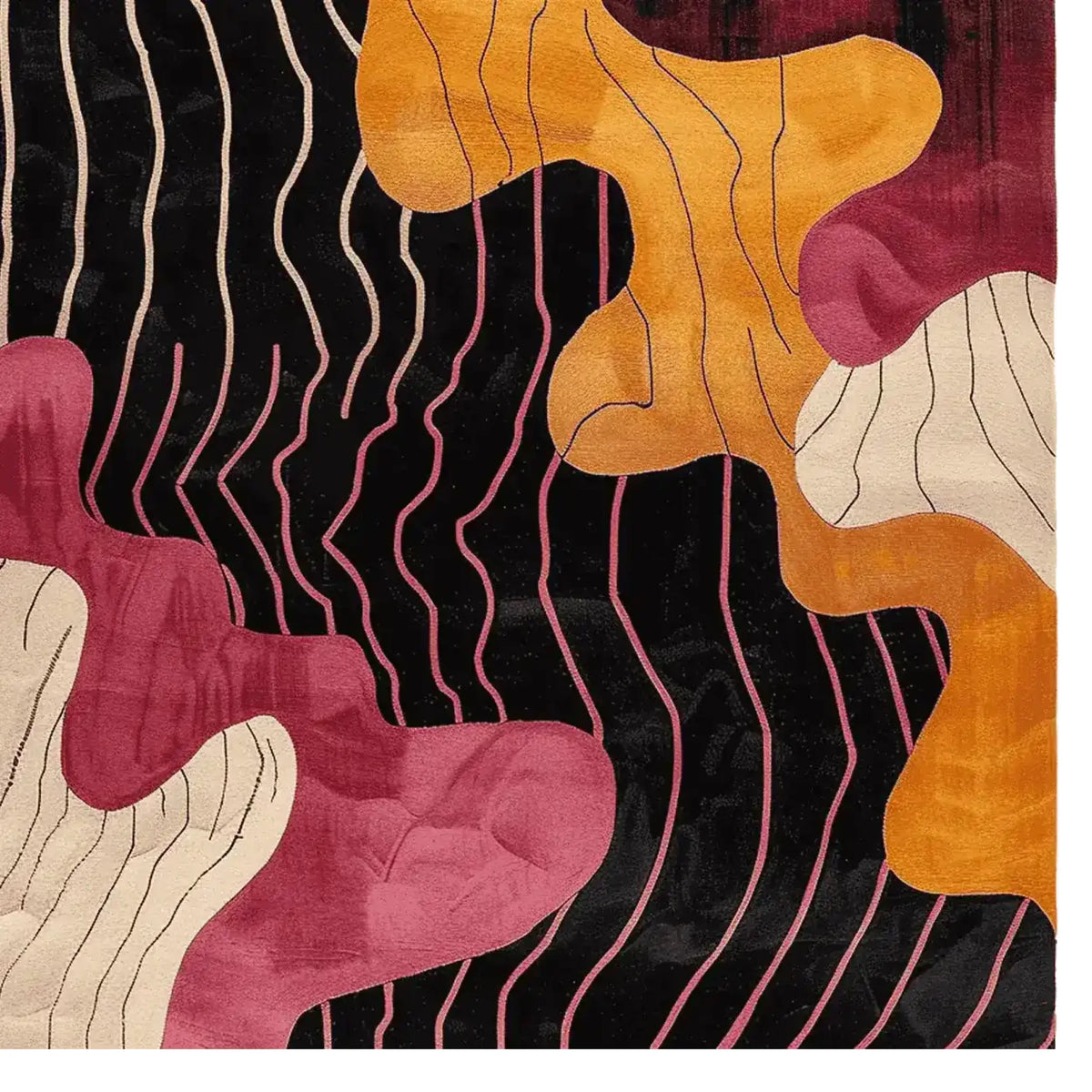 Vibrant Retro Graphic Whirl Hand Tufted Area Rug featuring abstract curves in bold colors, ideal for contemporary living rooms. This wool rug adds a dynamic touch to large living spaces, perfect as an area rug centerpiece.