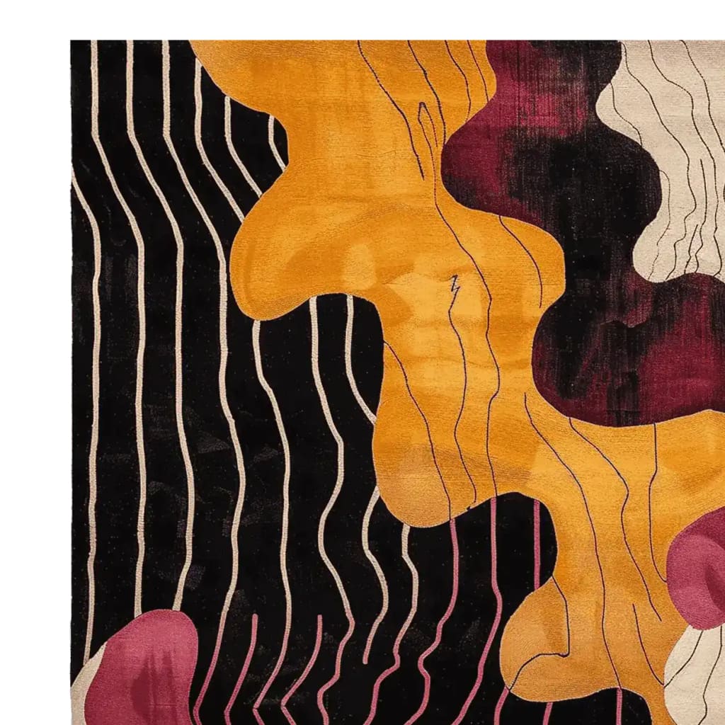 A vibrant area rug featuring a retro graphic whirl design in warm tones of orange, burgundy, and cream. This contemporary wool rug adds a bold statement to large living rooms, perfect as an area rug for living room spaces.