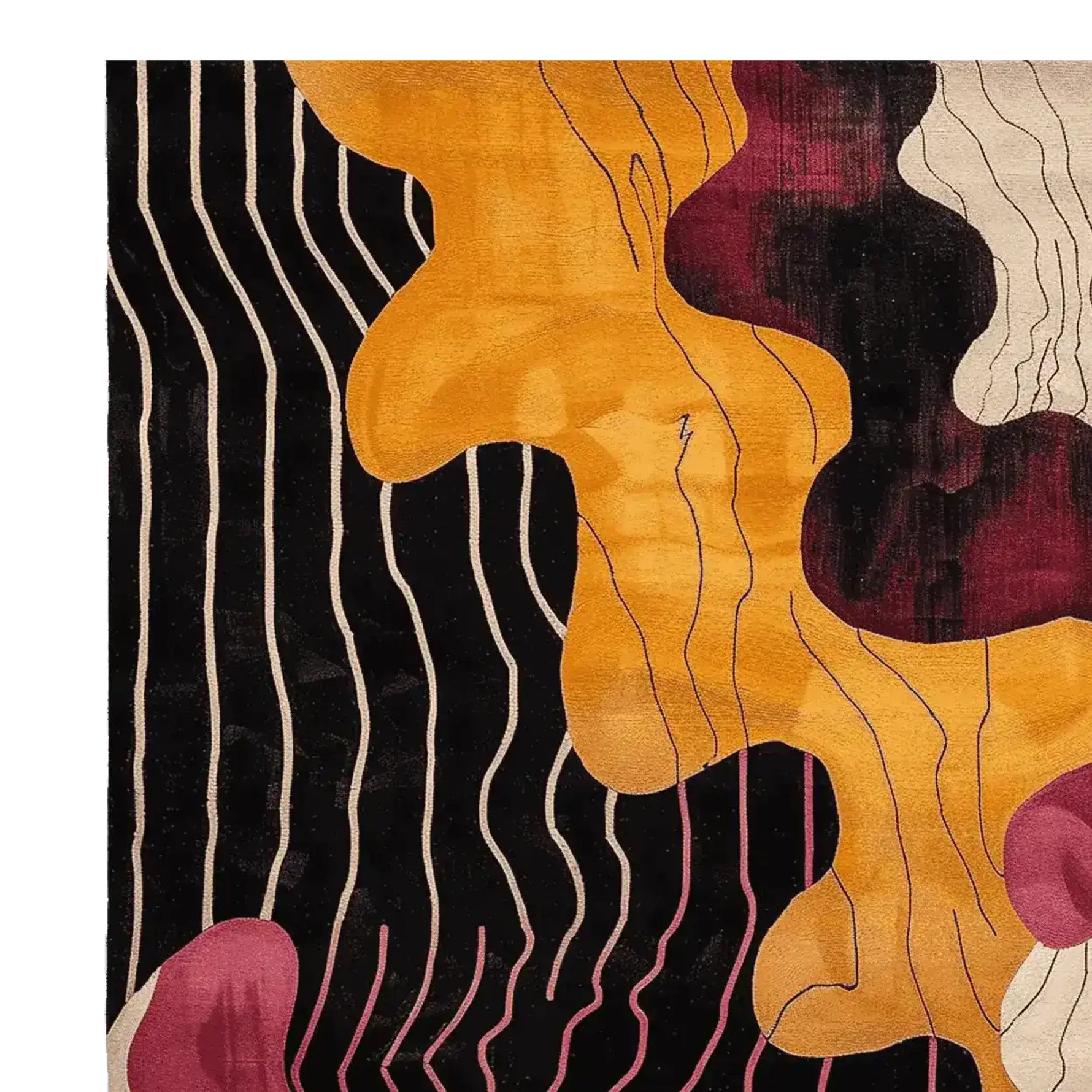 A vibrant area rug featuring a retro graphic whirl design in warm tones of orange, burgundy, and cream. This contemporary wool rug adds a bold statement to large living rooms, perfect as an area rug for living room spaces.