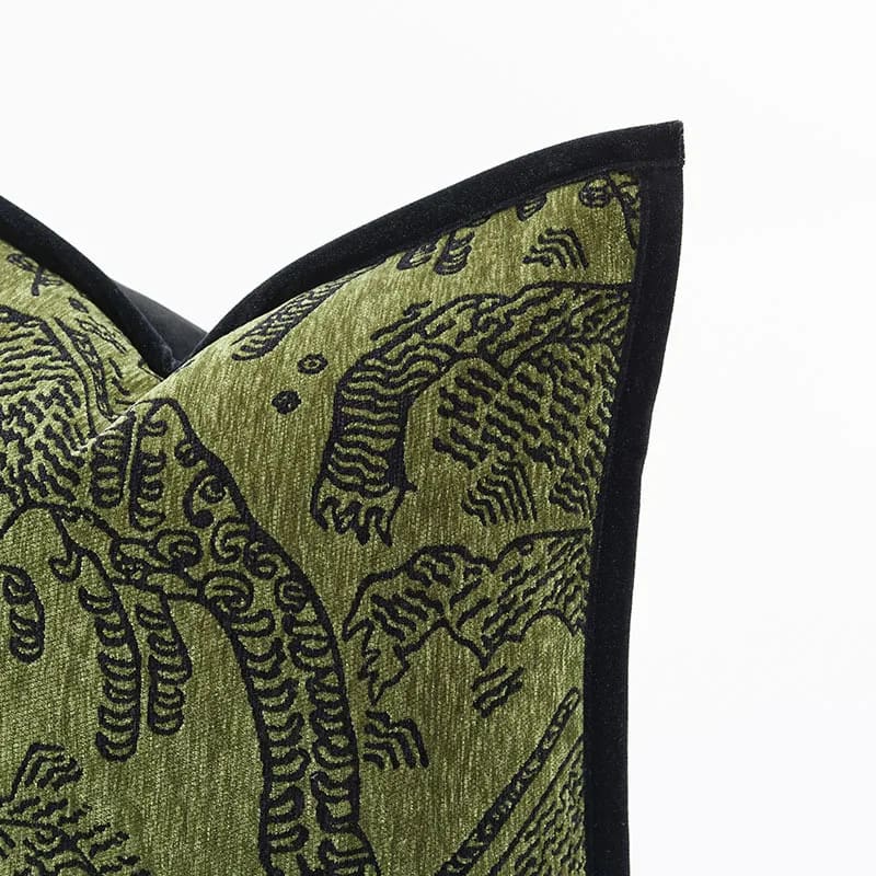 Retro green tiger patterned jacquard cushion cover, perfect for adding a bold touch to your throw pillow collection.