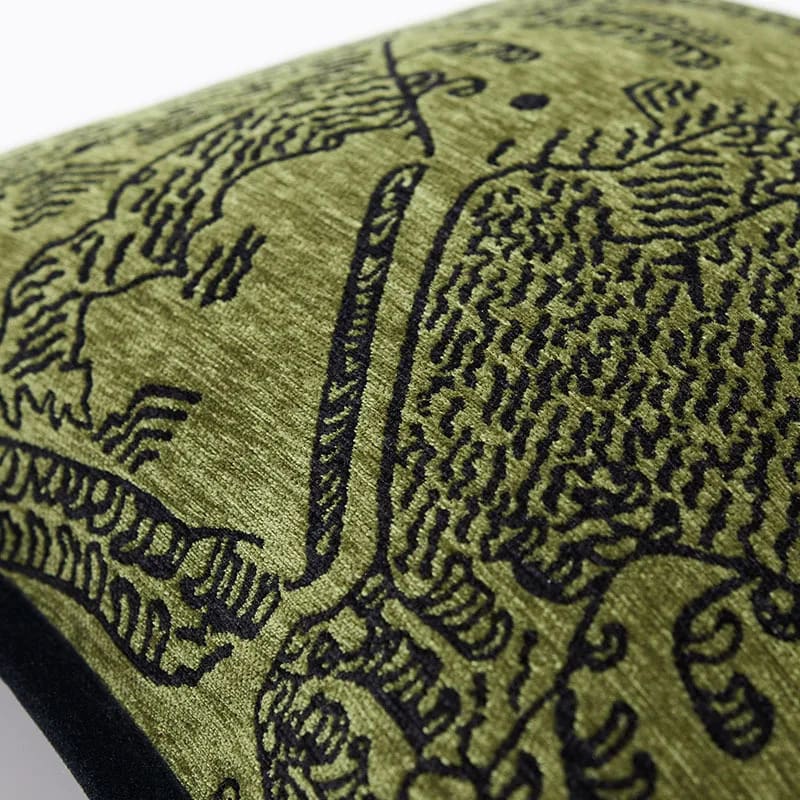 Retro green tiger patterned jacquard throw pillow, showcasing intricate designs on a soft fabric surface, perfect for home decor.