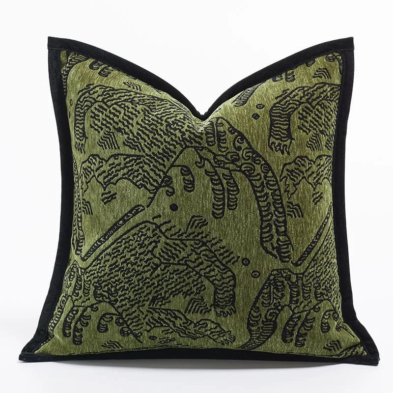 Retro green tiger patterned jacquard throw pillow, featuring a vibrant design on a textured fabric.