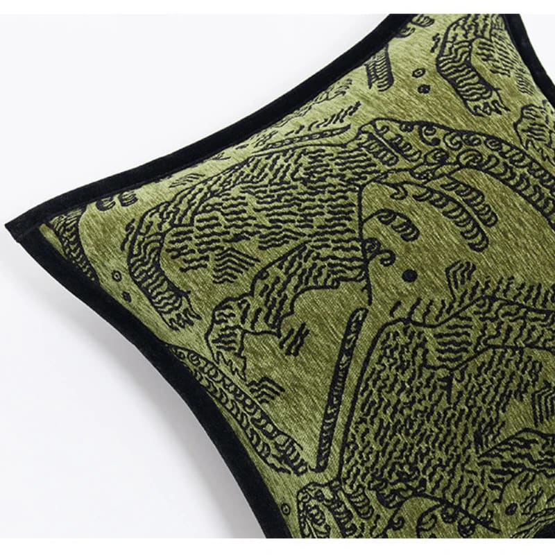 Retro green tiger patterned throw pillow with jacquard texture, featuring intricate black designs on a vibrant green background, perfect for home decor.