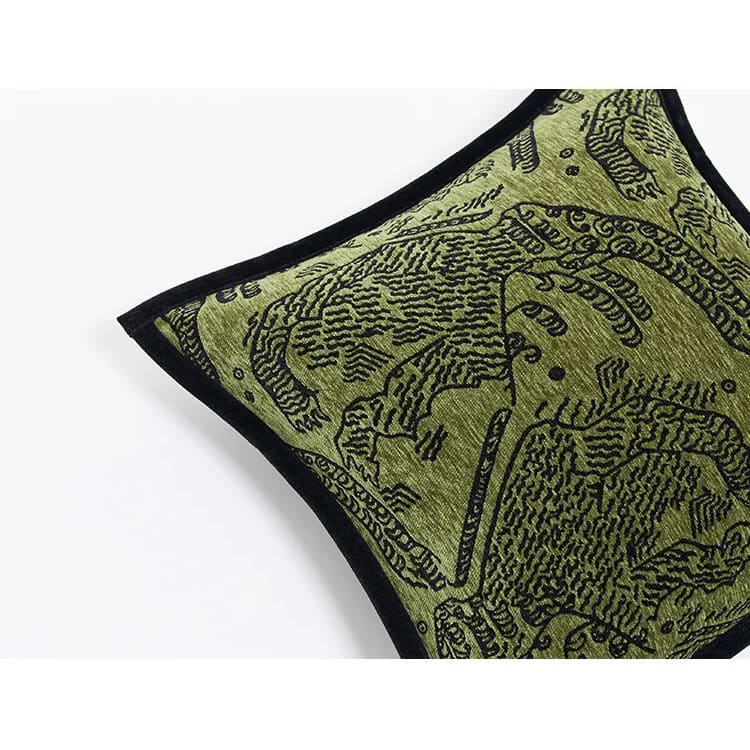 Retro green tiger patterned jacquard throw pillow, featuring intricate designs on a textured fabric.