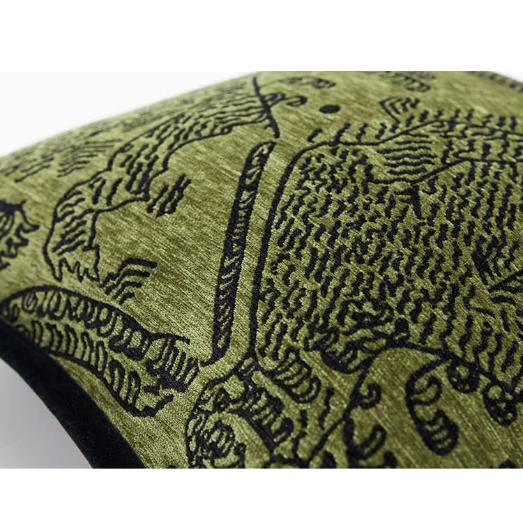 Retro green tiger patterned throw pillow cover featuring jacquard fabric with intricate designs.