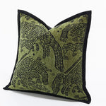 Retro green tiger patterned jacquard throw pillow, featuring intricate black designs on a textured green background.