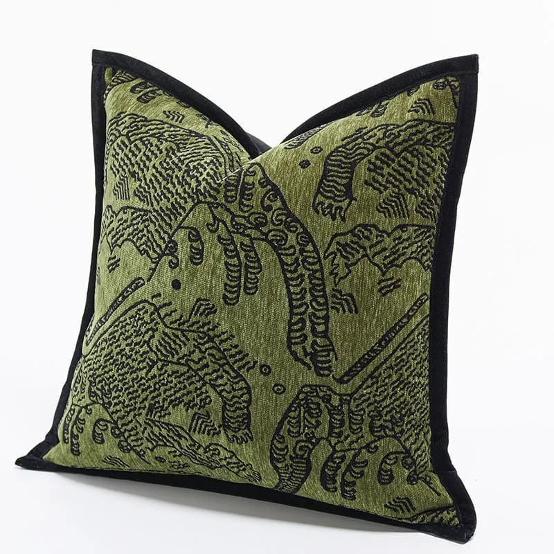 Retro green tiger patterned jacquard throw pillow, featuring intricate black designs on a textured green background.