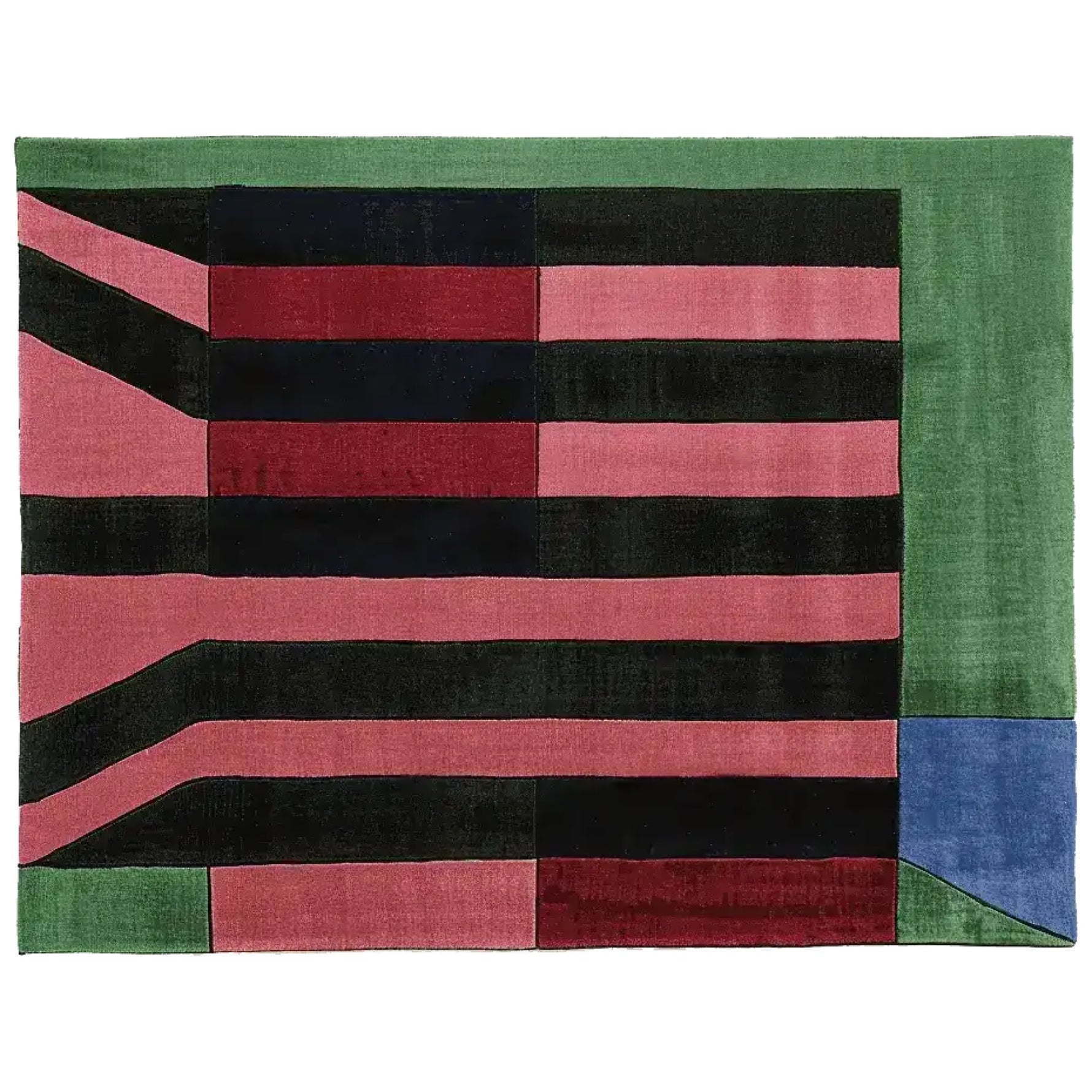 A contemporary hand-tufted wool area rug featuring bold horizontal stripes in black, red, and pink, framed by a green border with a blue corner accent. Perfect for large living rooms, this 8x10 rug adds a modern touch to any space.