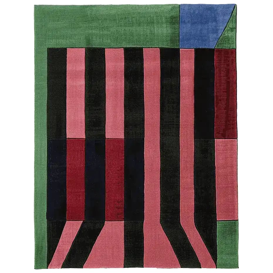 A vibrant, hand-tufted area rug featuring a retro groove stripe design with bold colors, perfect for contemporary living rooms. This wool rug, sized 8x10, combines striking black, pink, green, and blue blocks, making it a standout piece among large living room rugs.