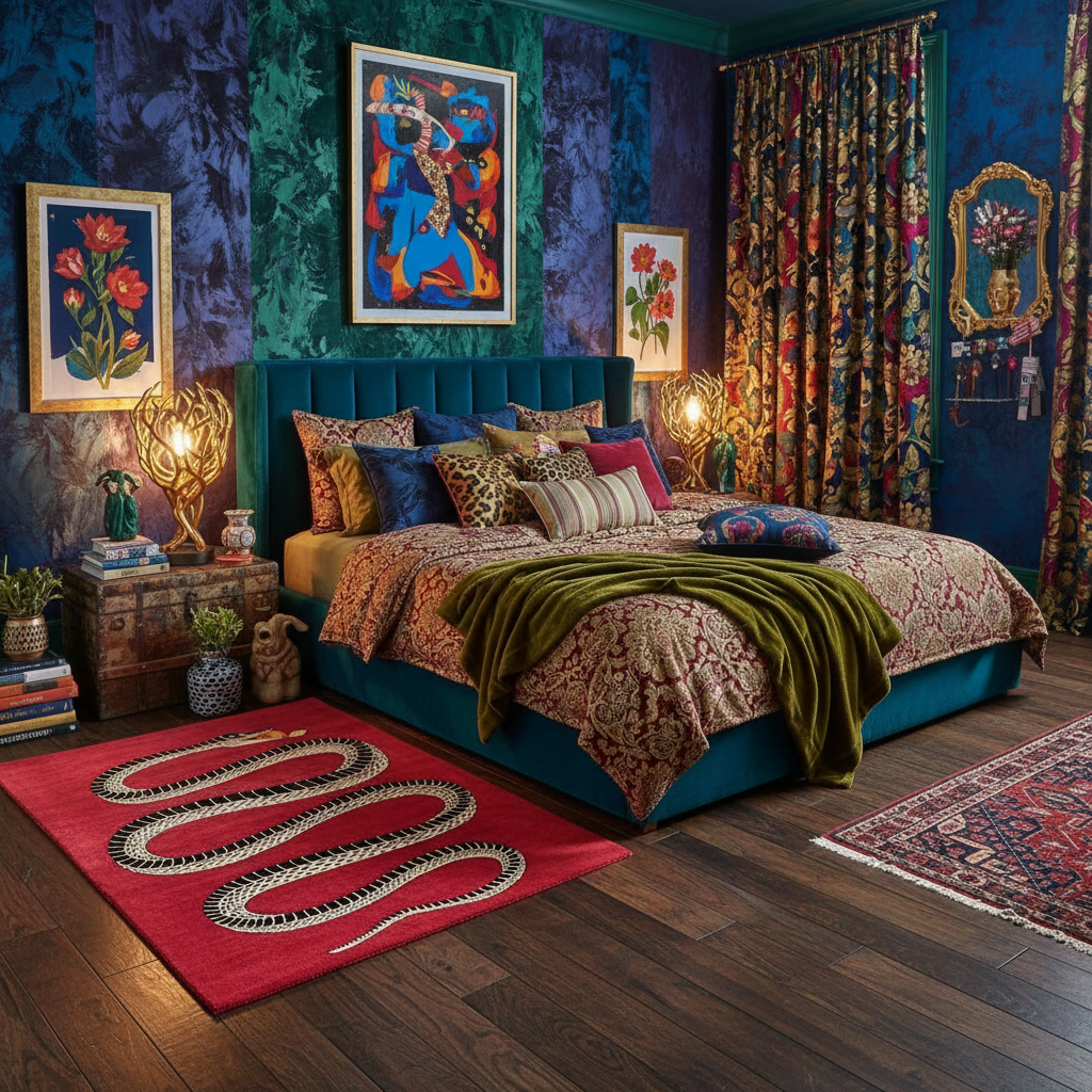 Colorful bedroom with a blue bed, patterned rug, and vibrant wall art.